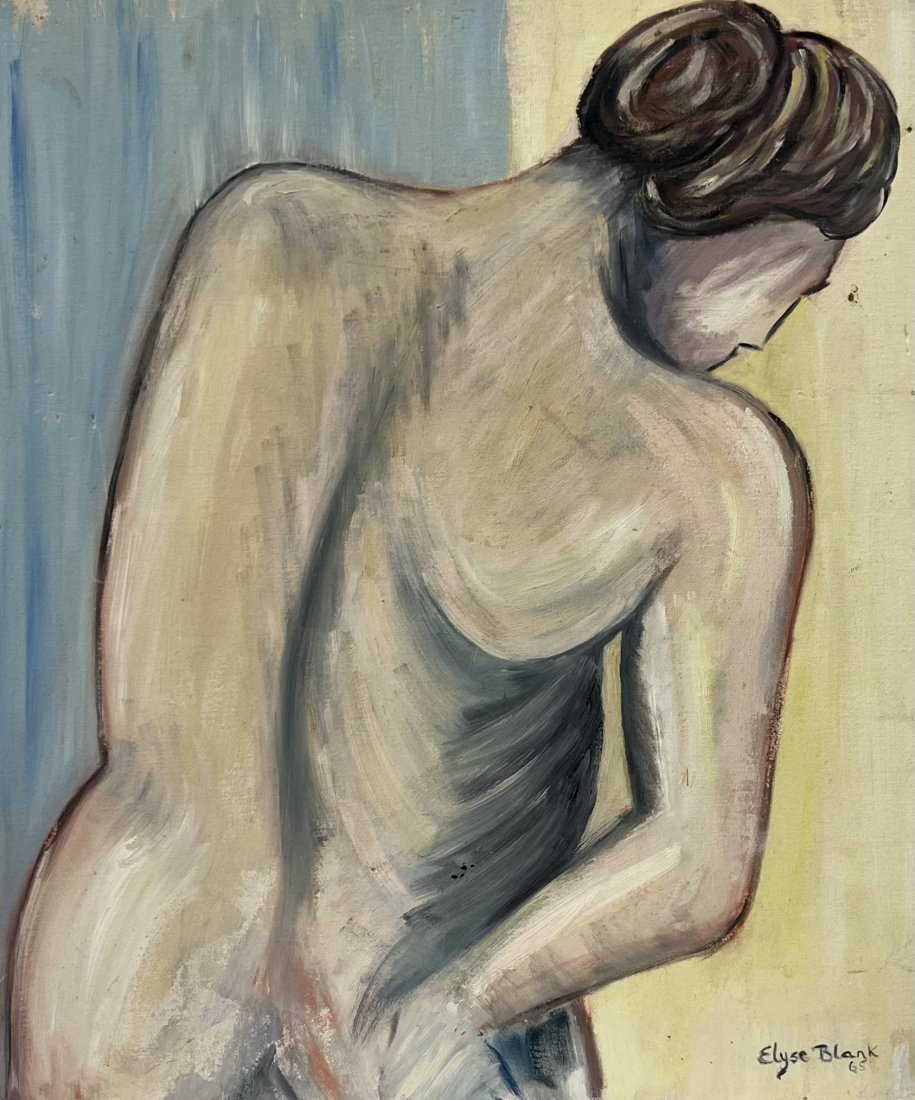 Mid-Century American 1960's Modernist Nude Painting, Signed: Oil on board 24 x 20 in