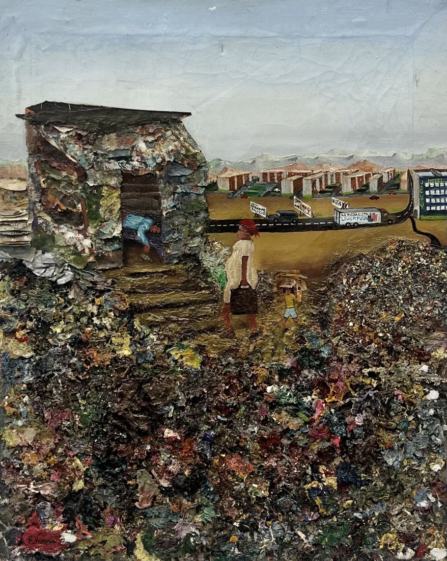 Latin American Street Scene Poverty Trash Mixed Media Painting, Signed: Mixed media on canvas 19.5 x 15.5 in