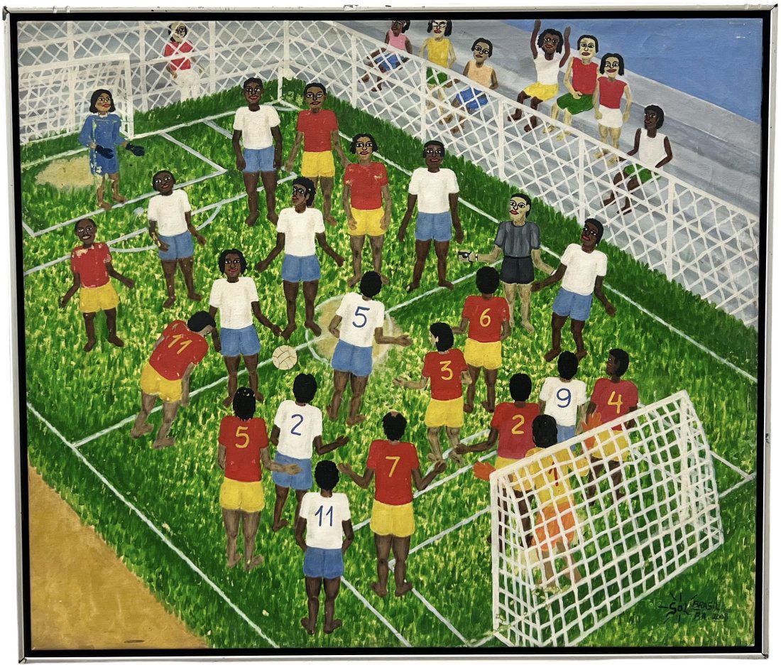 Naive Brazilian Folk Art Painting Futbol, Soccer Match Signed (1 of 4)