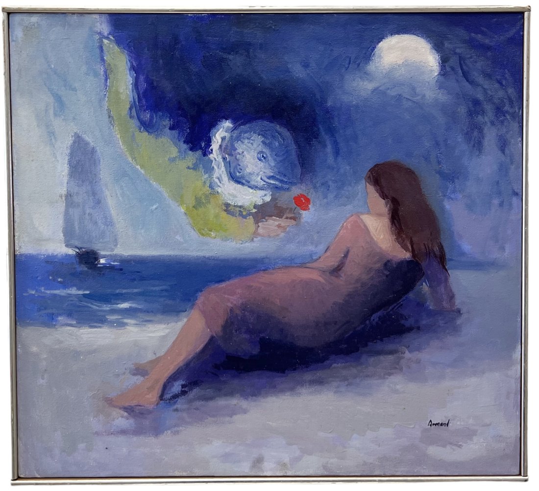 Mid-Century French Surrealist Painting Woman On Beach, Signed: Oil on canvas 24 x 22 in