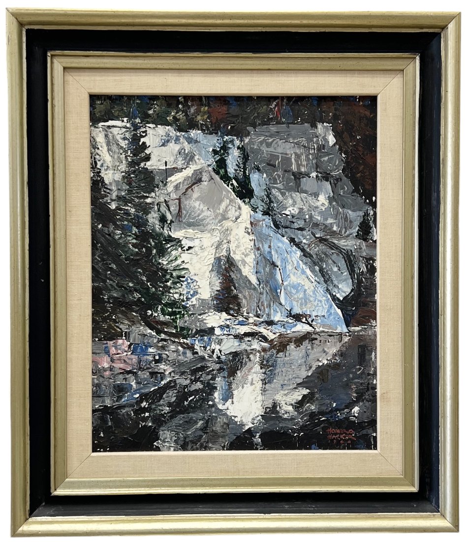 HOMER OWEN HACKER (1917-2013, American) Rocky Mountain Landscape: Oil on board 21 x 18 in, 25.5 x 22 in (framed). The following information was submitted in August of 2006 by the artist:Homer Owen Hacker, b. June 14, 1917, Dayton, Ohio. Alive and painting at current