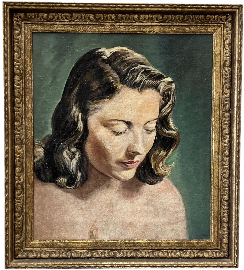 Vintage Mid-Century American Portrait Of A Woman, Unsigned: Oil on canvas 16 x 14 in, 19.5 x 17.5 in (framed)