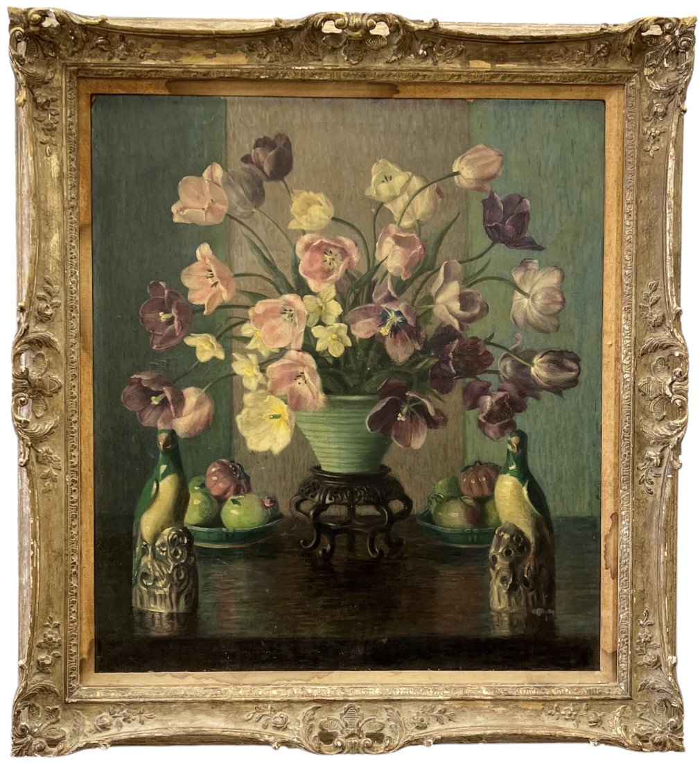Large Early 20th Century Still Life Of Flowers & Ceramics, Unsigned: Oil on board 36 x 32 in, 45 x 41 in (framed)