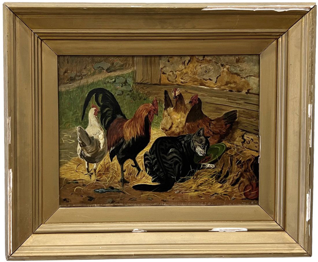 Antique English School Farm Scene Painting Of A Cat With Chickens (1 of 2)