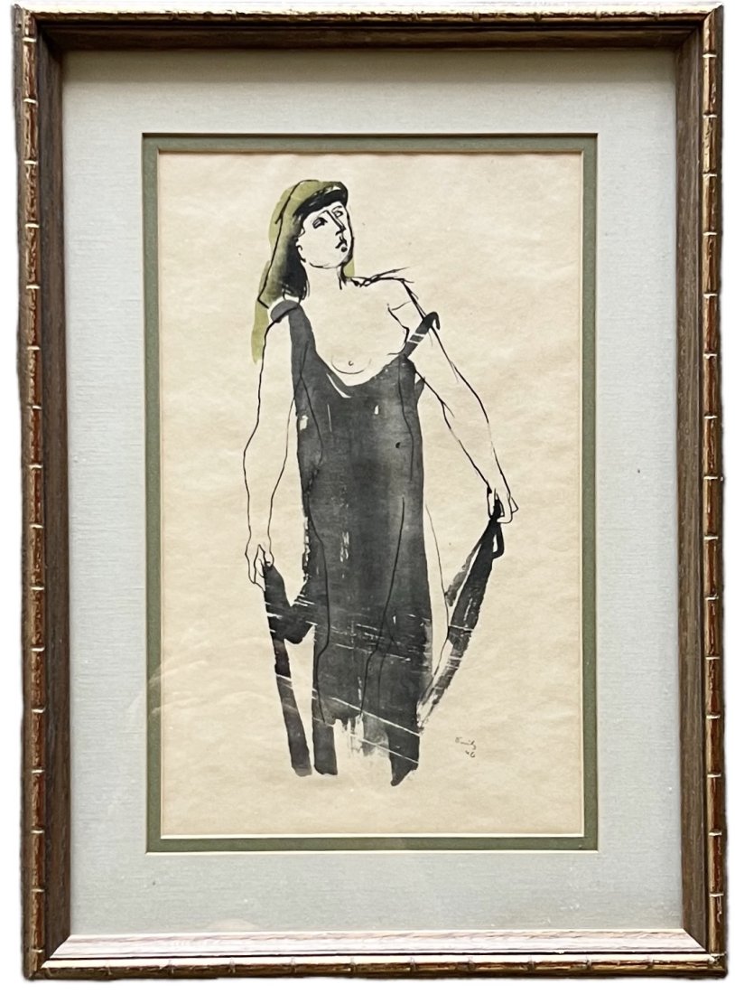 Modernist 1940's Orientalist Nude Portrait Of A Woman, Signed: Watercolor on paper 13 x 8 in, 18.5 x 13.5 in (framed)