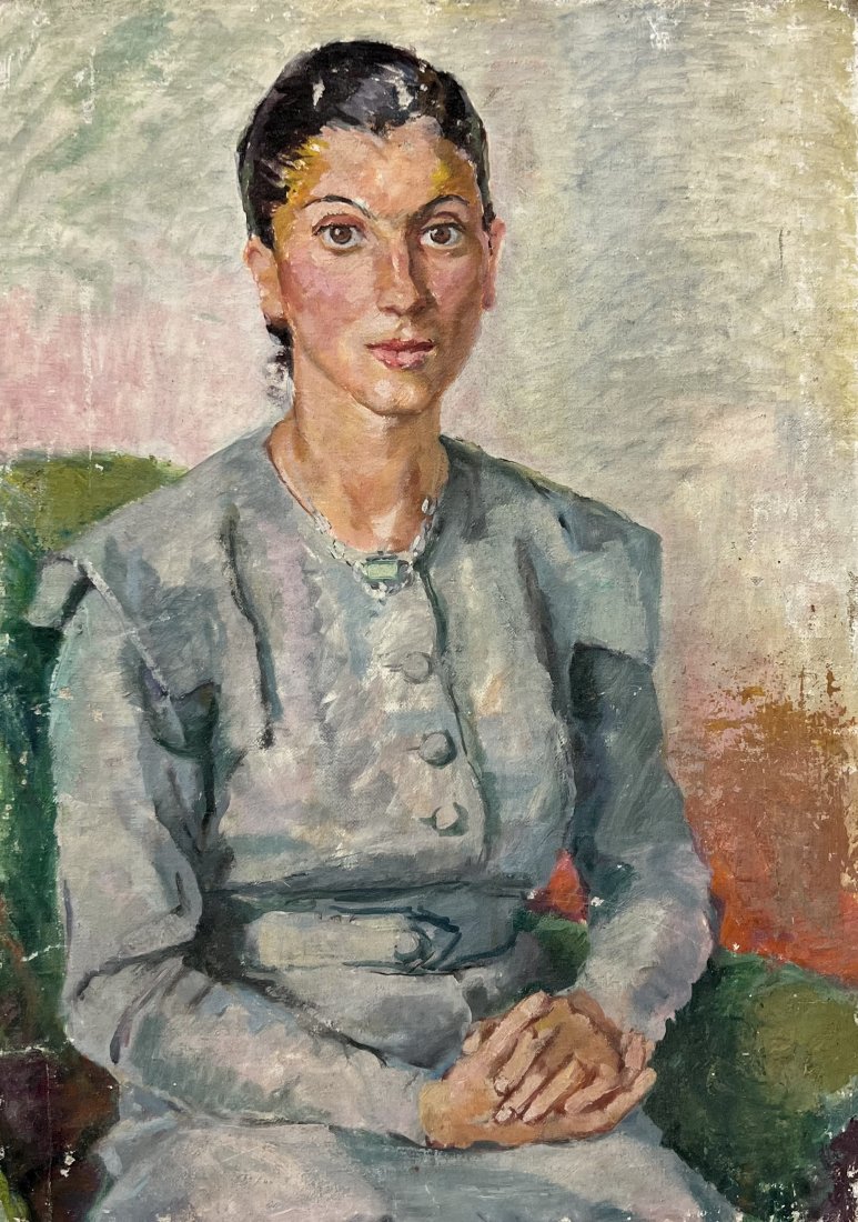Vintage Artist Studio Portrait Of A Seated Woman, Unsigned: Oil on canvas 24.5 x 17.5 in
