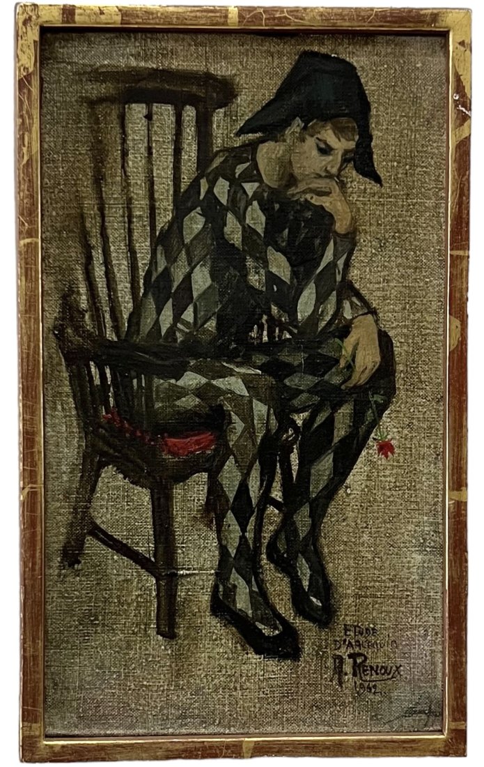 ANDRE RENOUX (1939-2002, French) Jester: Oil on canvas 10 x 6 in,