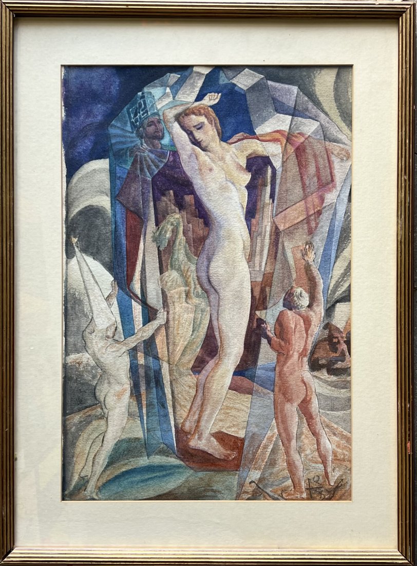 Important Period WPA Watercolor Possible Mural Study Signed & Dated 1932: 20.5 x 13.5 in, 26.5 x 19.5 in (framed). We opened the sealed backing and we found a signature under the matting. It is somewhat illegible but clearly dated 1932. Was picked out of the Philadelphia ar