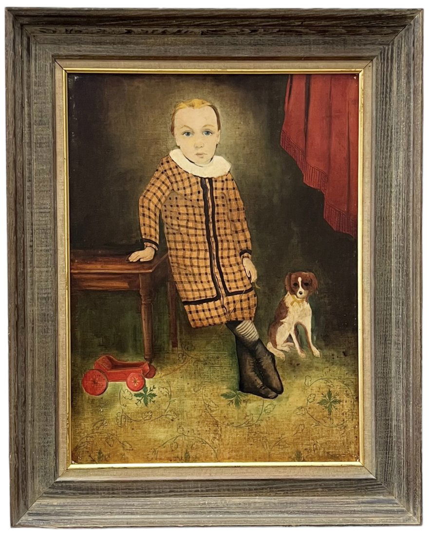 Antique American Folk Art Painting Of A Child & Dog (1 of 4)