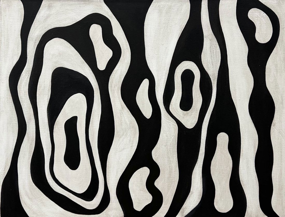 Mid-Century Modern Black & White Hard Edge Abstract Painting, Signed Verso (1 of 4)