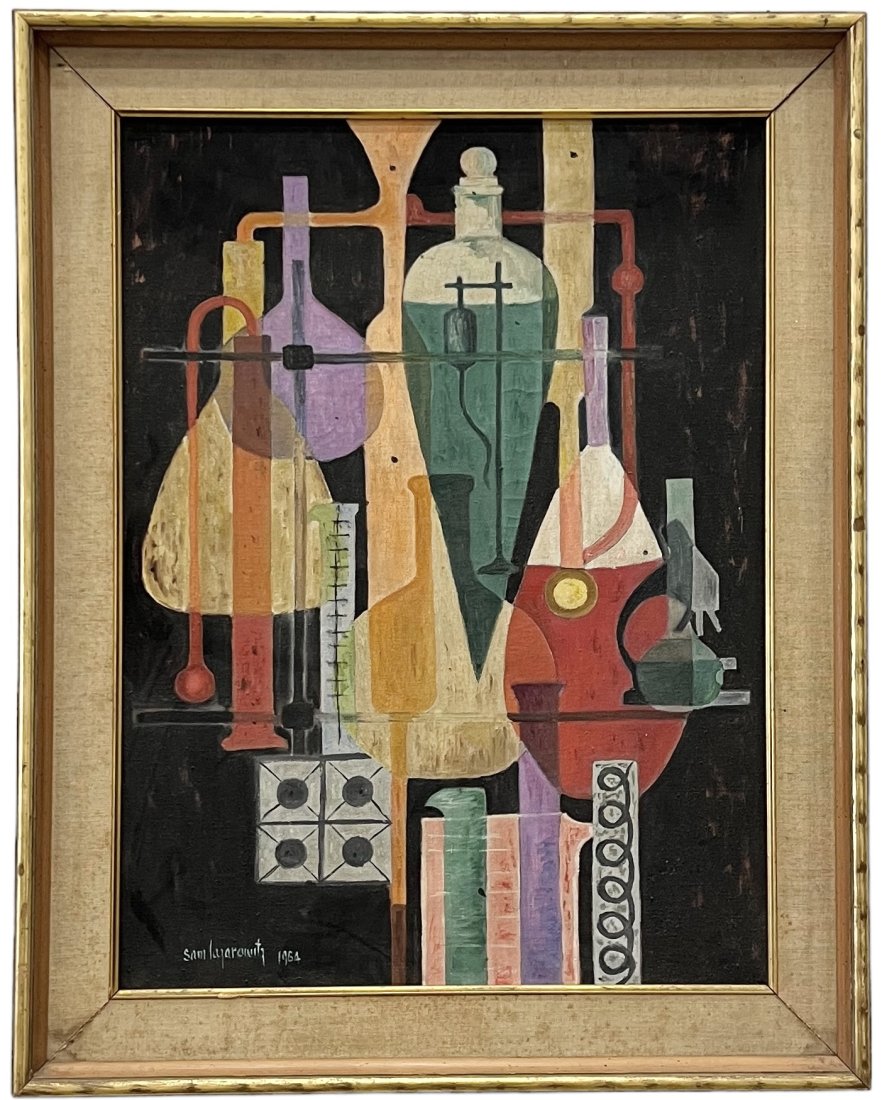 Unique Mid-Century Modern Still Life Of Chemistry Beakers, Signed: Oil on canvas 24 x 18 in, 29 x 23 in (framed)