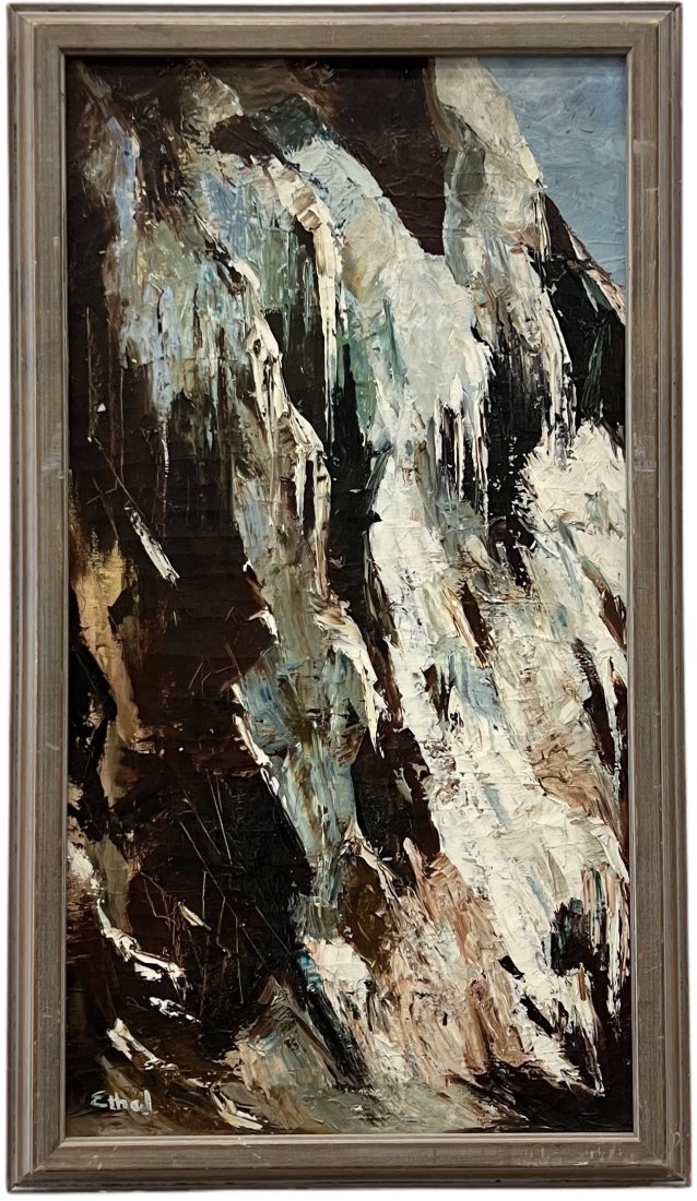 Modernist American West Painting Of Glaciers Signed: Oil on canvas 30 x 16 in, 33 x 19 in (framed)