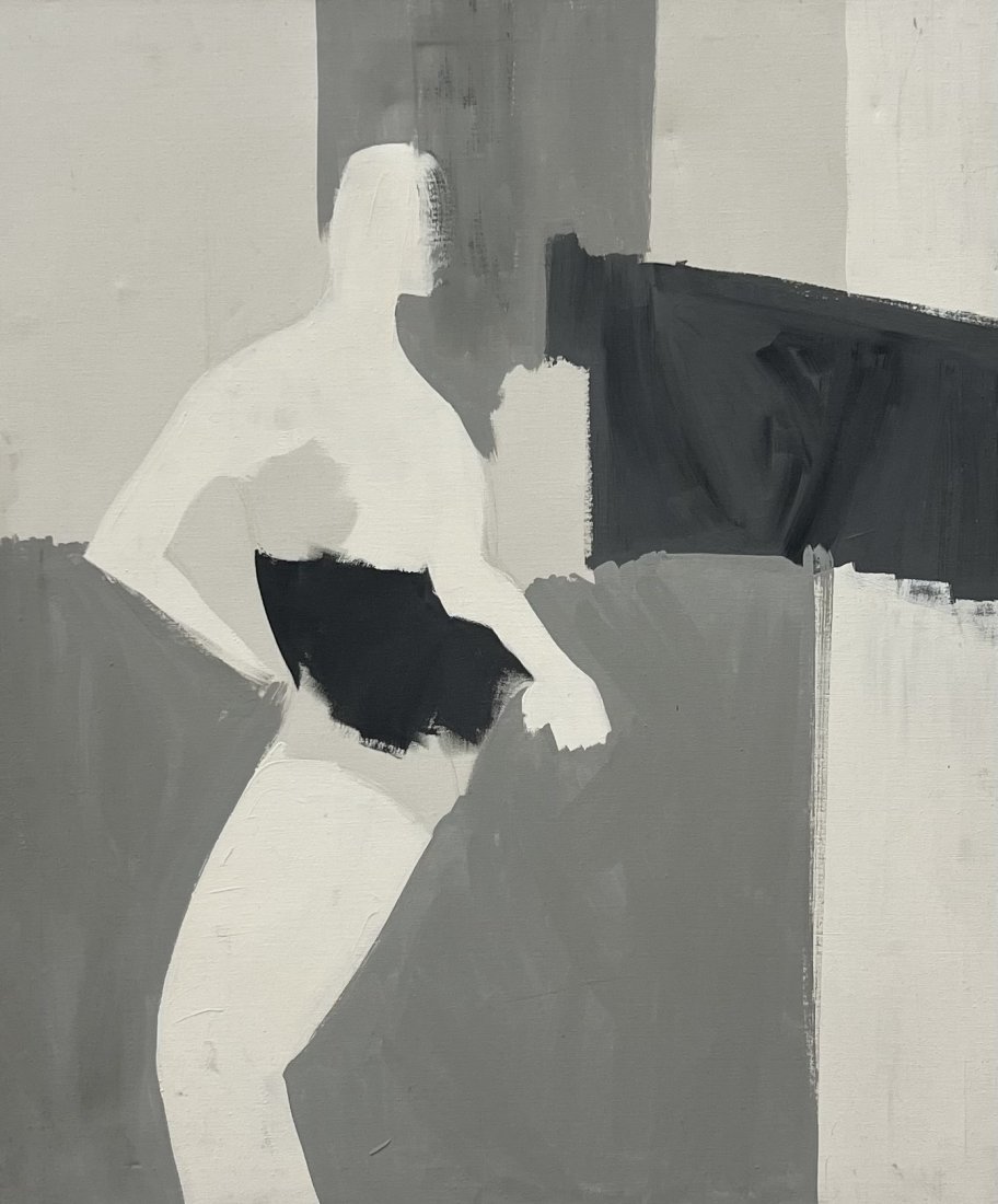 Mid-Century Modern Male Figural Abstract Painting, Muted Colors: Oil on canvas 36 x 30 in