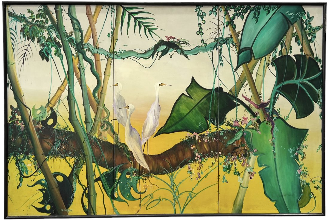 Monumental Vintage Palm Beach Regency Triptych Painting With Birds (1 of 3)