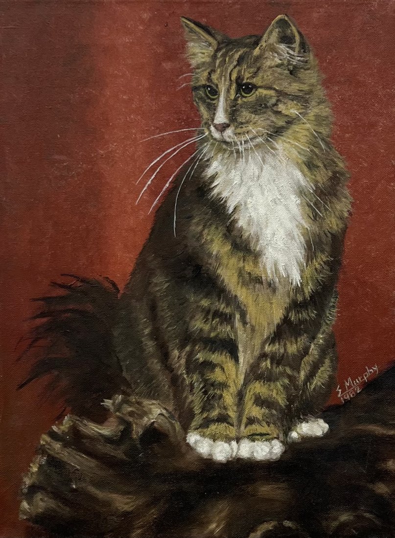 Vintage American School Portrait Of A Cat, Signed: Oil on canvas 12 x 16 in