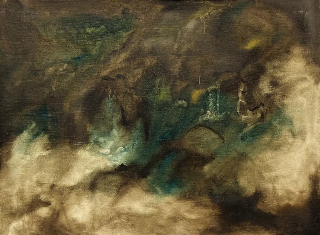 Mid-Century Modern Brown Celadon Abstract Expressionist Painting, Signed Verso (1 of 4)