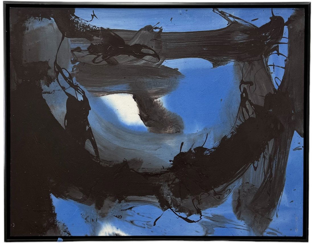 Large 1980's Blue & Black Abstract Expressionist Action Painting, Signed (1 of 3)