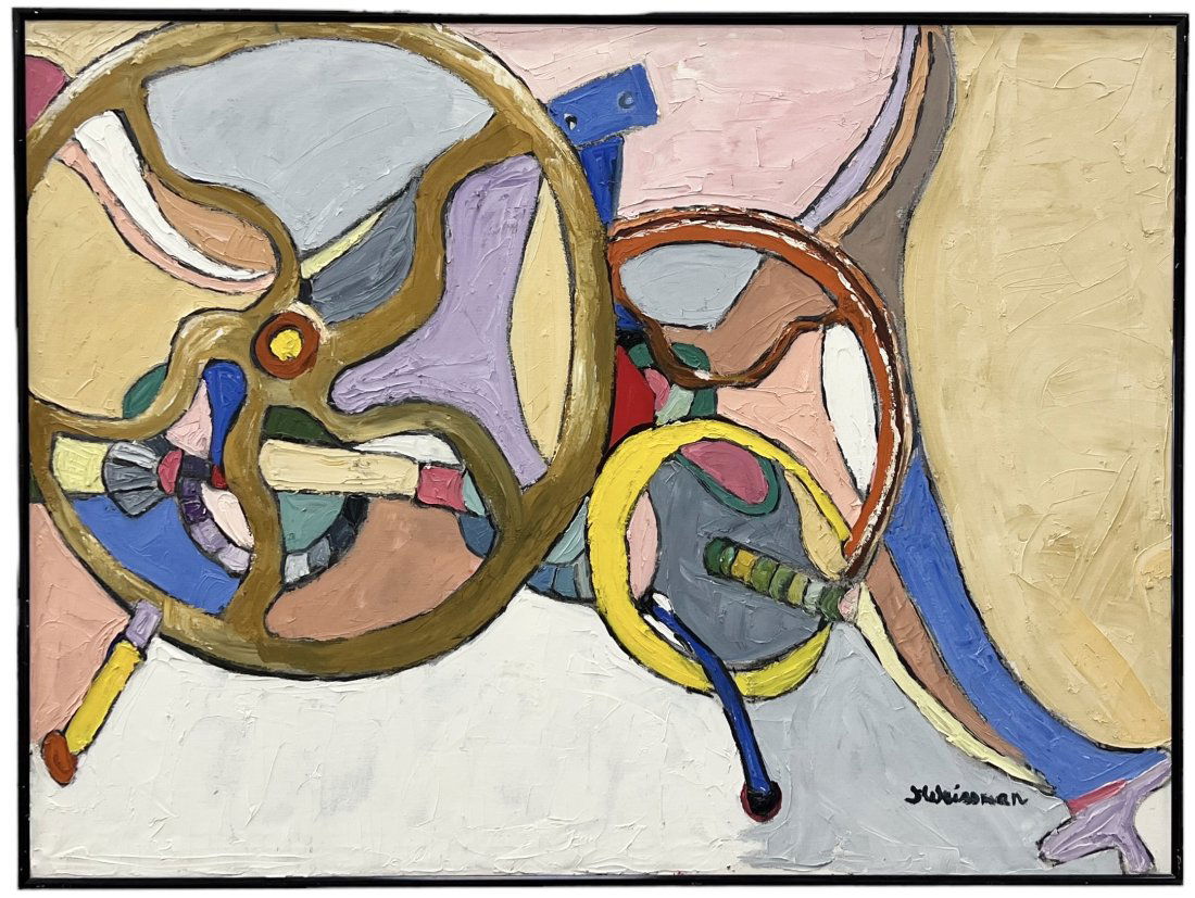American Mid-Century Modern Mechanical Abstract Painting Signed Weissman (1 of 3)