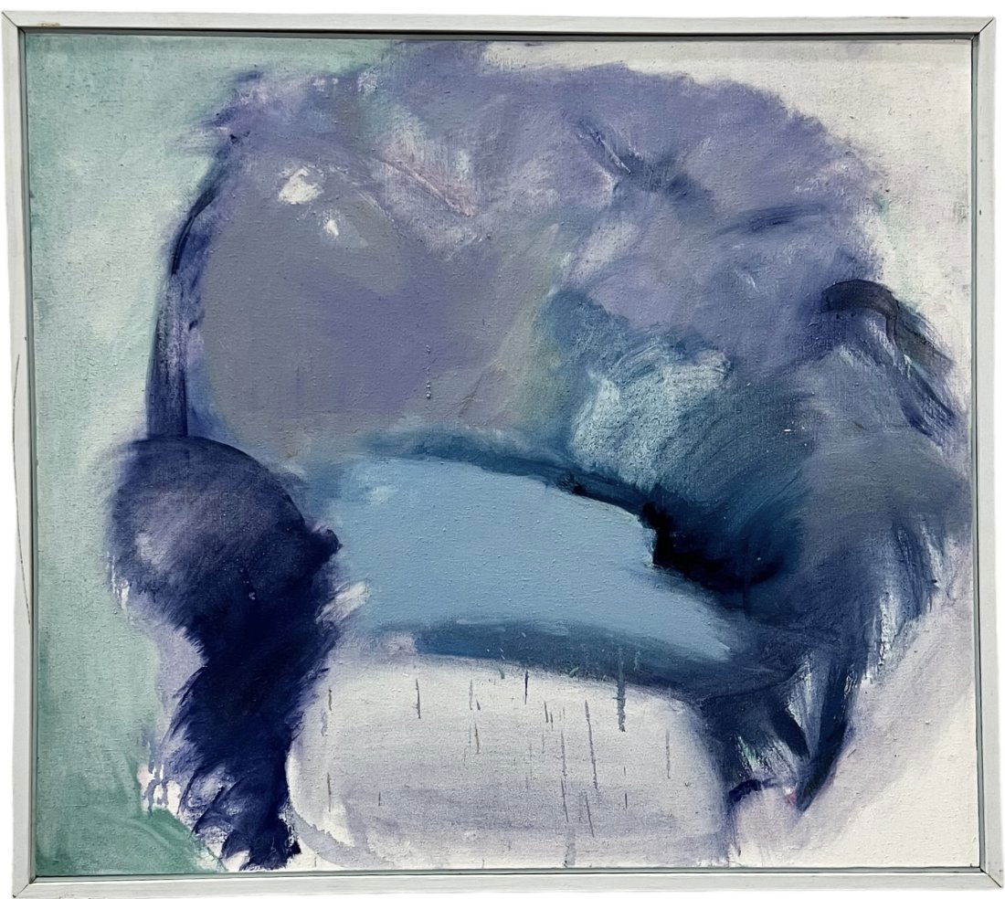 Large American Mid-Century White & Blue Abstract Painting, Unsigned (1 of 3)