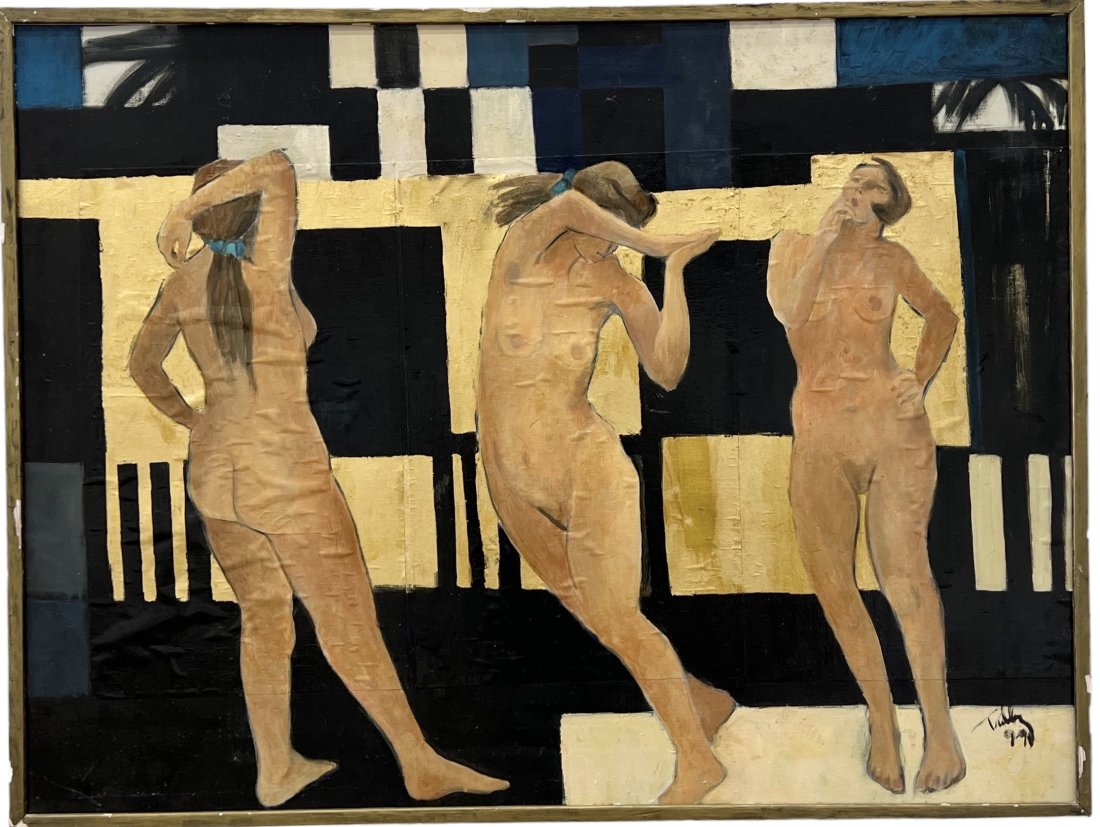 Large Mixed Media Modernist Painting Of Nude Woman Illegibly Signed 1999: Oil and collage on canvas 49 x 37 in