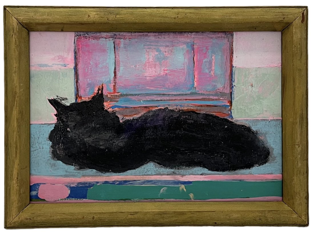 Vintage American Modernist Painting Of A Black Cat, Unsigned: Acrylic on panel 17.5 x 13 in (framed)