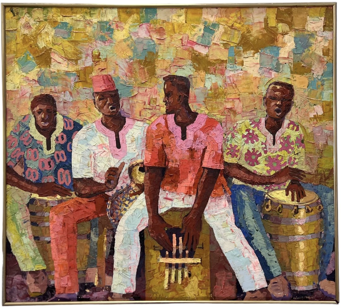 Vintage Modernist African Musicians Heavy Impasto Painting Signed 1990: Oil on canvas 39.5 x 35.5 in