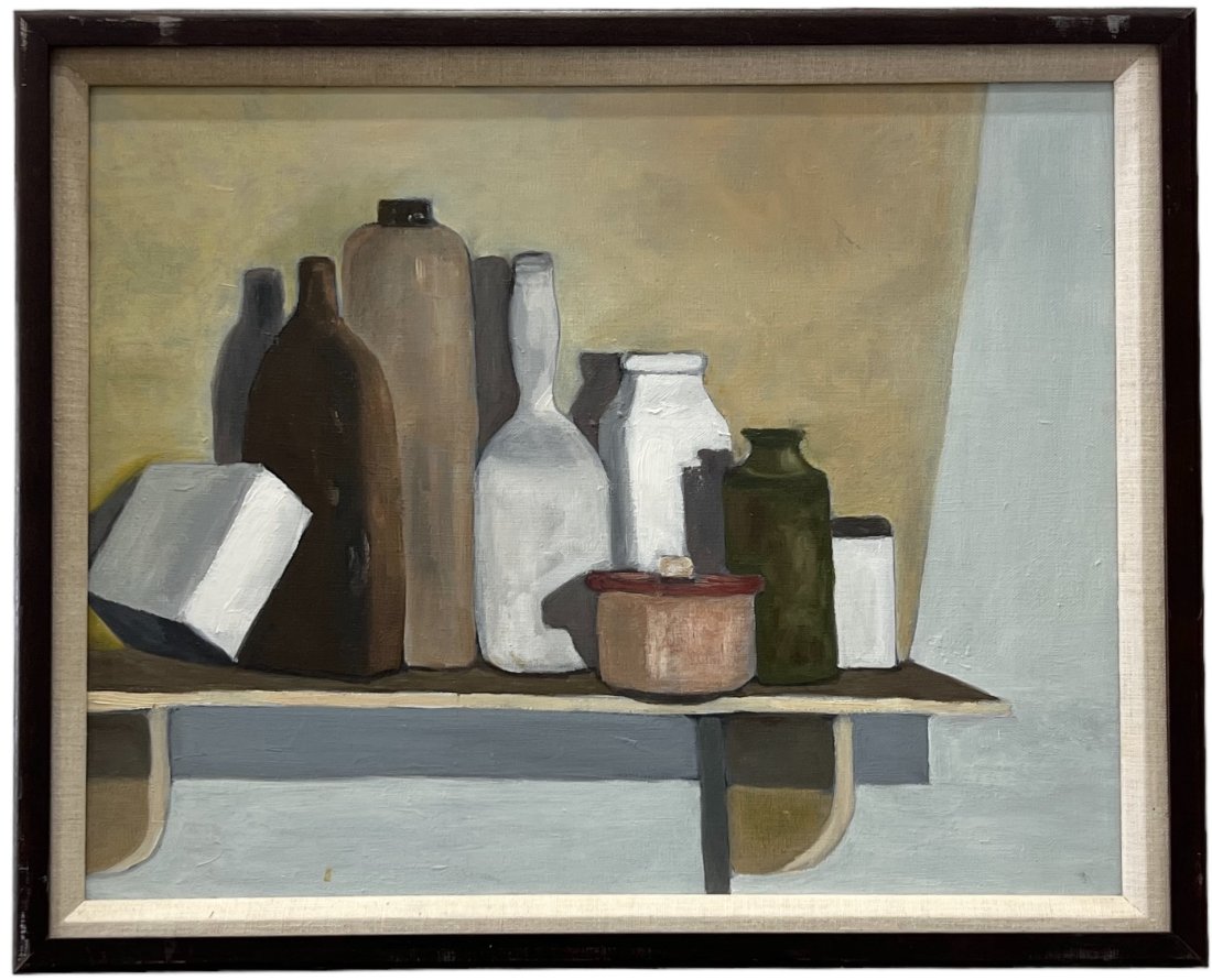 Vintage American Modernist Kitchen Still Life: Oil on canvas 22 x 18 in