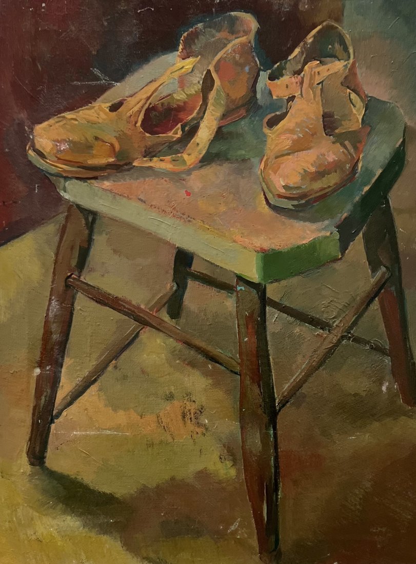 Vintage American School Still Life Ballerina Shoes On A Chair, Signed Verso: Oil on canvas 24 x 18 in
