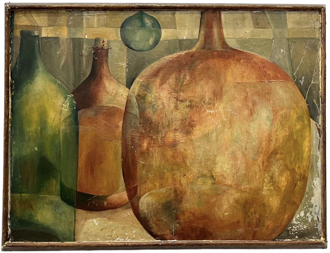 Mid-Century American Modernist Still Life Of Bottles, Signed: Oil on board 25.5 x 19.5 in