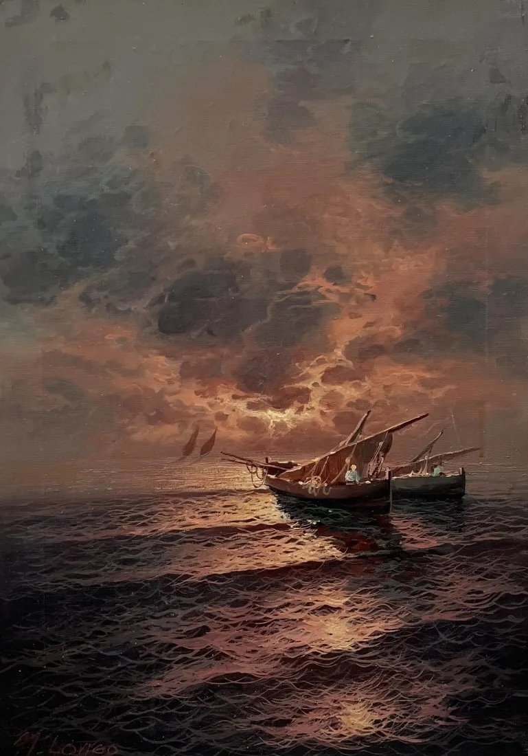 MAURICIO LONGO, Italian Tonalist Nautical Seascape Painting, Signed: Oil on canvas 27 x 19 in