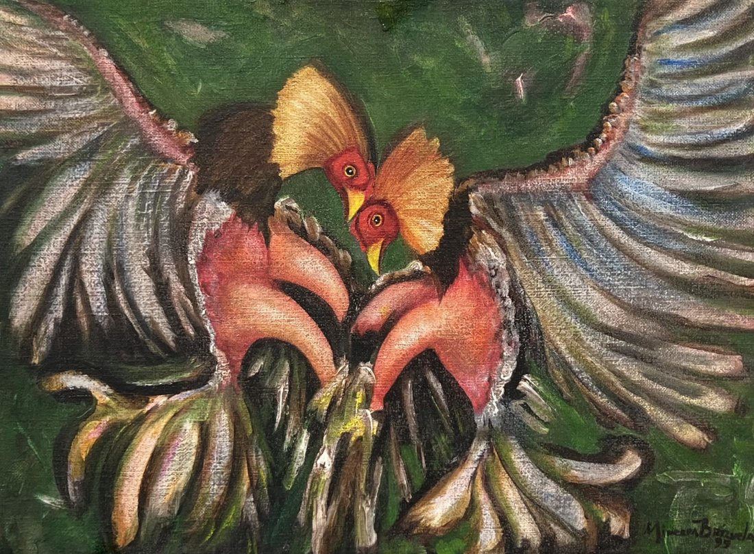 MINERVA BRIZUELA (1951-2021, Cuba) Roosters: Oil on canvas 16 x 12 in