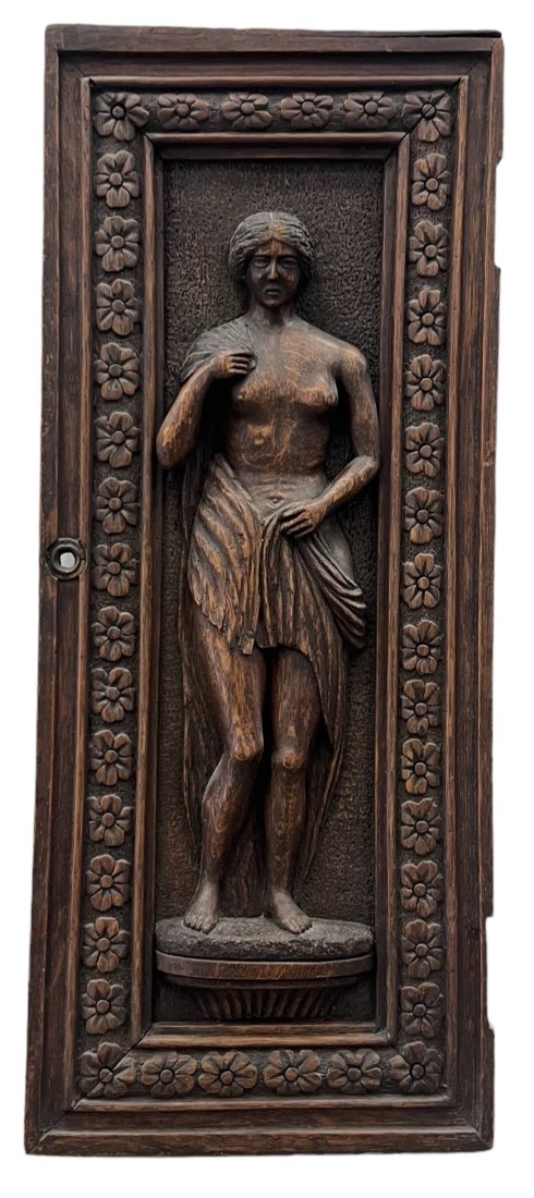 Solid Wood Relief Wall Sculpture Old Cabinet Door Nude Figure: 26 x 11 in