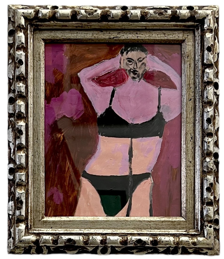 Modernist Male Cross Dresser In Bikini, Gay Interest: Acrylic on board 14 x 11.5 in (framed)