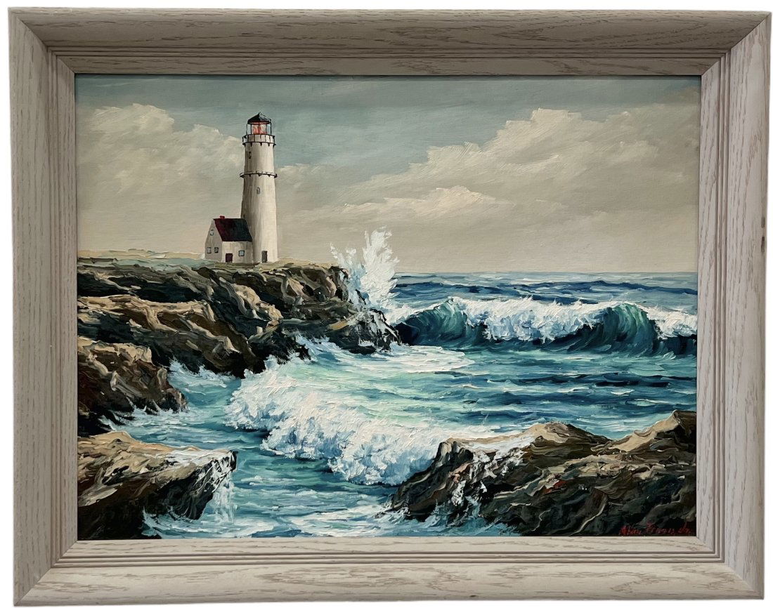 American Impressionist Maine Lighthouse Seascape Painting, Signed (1 of 3)