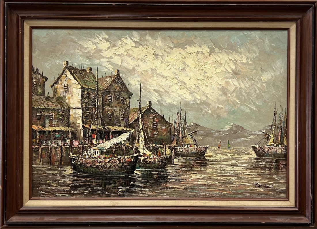 C BARTOLUCCI (20th c, Italian) Large Harbor Scene w/ Boats: Oil on canvas 36 x 24 in, 44 x 32 in (framed)