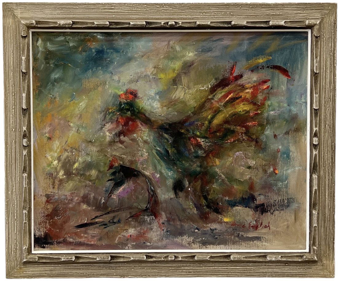 Mid-Century Abstract With A Rooster, Signed, Artist Unknown (1 of 3)