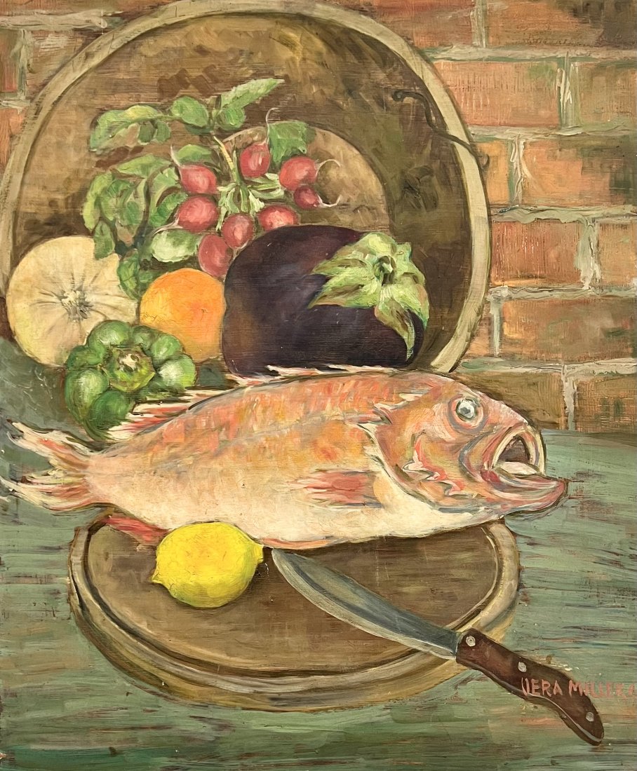 VERA MILLER (20th c, American) Still Life w/ Fish: Oil on board 24 x 20 in