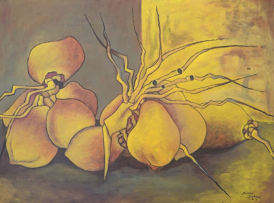 DUMOND DERILUS (20th c, Haiti) Surrealist, Shellfish: Acrylic on board 40 x 30 in