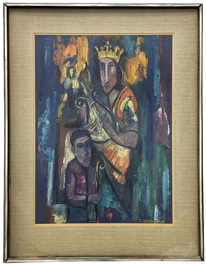 ISRAEL ABRAMOFSKY (1888-1975, Russian American) King Musician, Ohio Artist: Mixed media on paper framed under glass 22.5 x 16.5 in, 31 x 24 in (framed). Born near Kiev, Russia, Israel Abramofsky was a city-landscape painter and one of his favorite subjects was villages in Bre