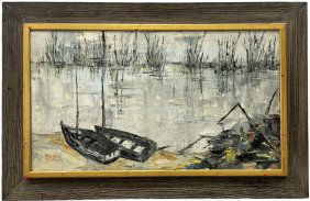 HELEN BOTWAY (1900-1999, American) Shoreline View With Boats