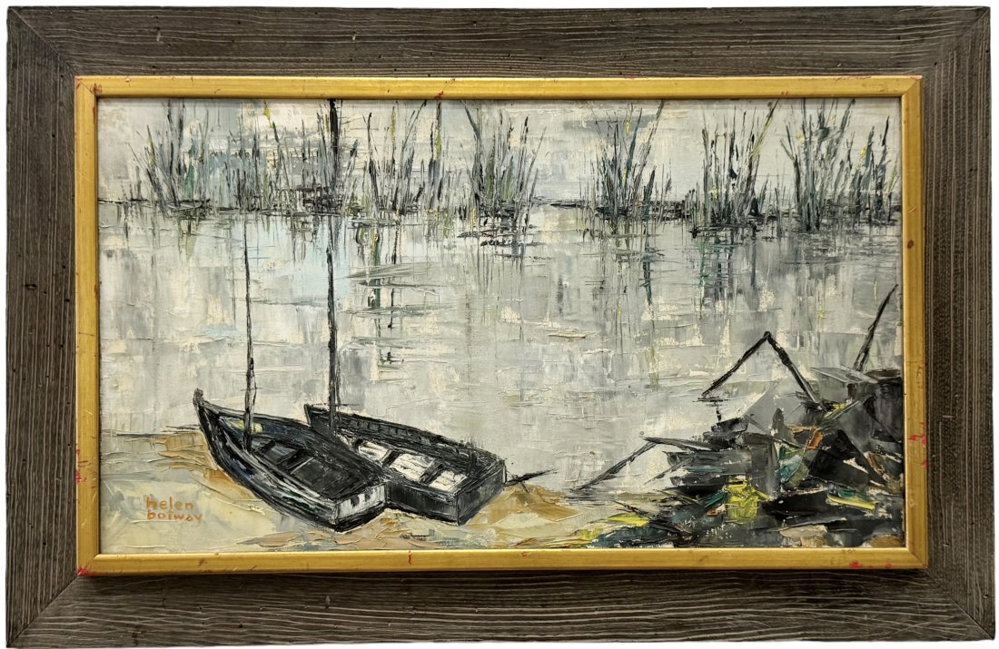 HELEN BOTWAY (1900-1999, American) Shoreline View With Boats: Oil on canvas 28 x 16 in, 34.5 x 22.5 in (framed). Helen Botway first studied painting at the Worcester Art School in Massachusetts, and later, after some work at Columbia University, continued her st