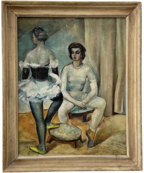 Nicely Framed 1930's WPA Era Painting Of Somber Dancers, Ballerinas