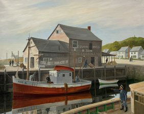 American Rockport School Regionalist WPA New England Harbor Scene, Signed