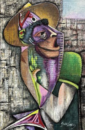 Mexican Surrealist Figural Abstract Man With Sombrero, Signed