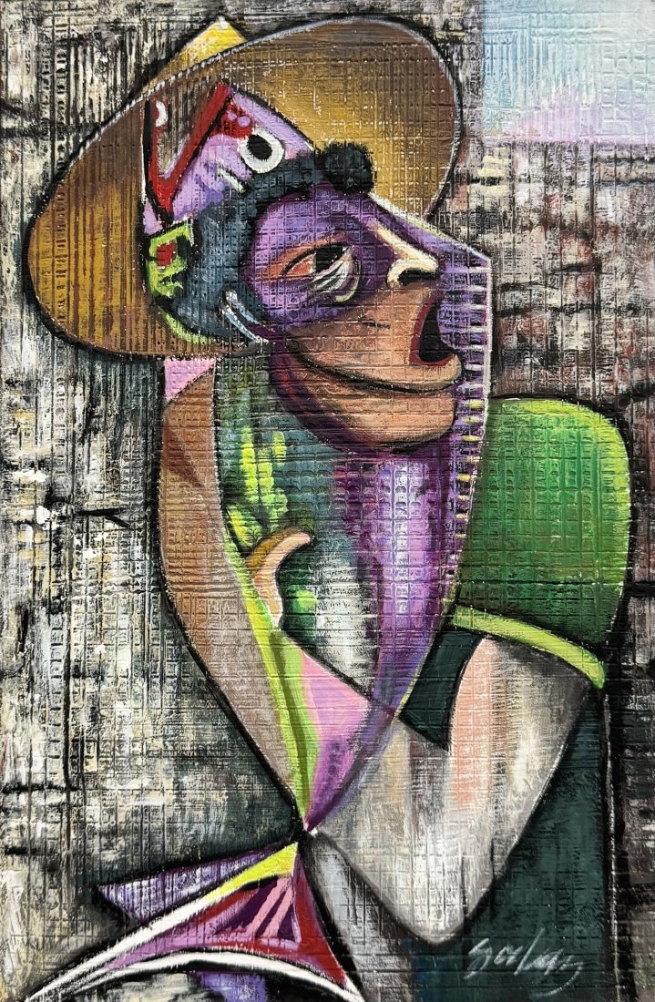 Mexican Surrealist Figural Abstract Man With Sombrero, Signed: Oil on board 16 x 12 in