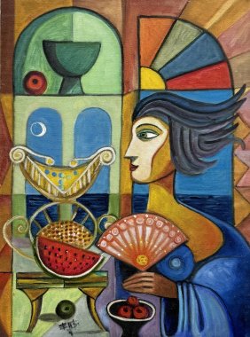 Mexican Post Modern Cubist Seaside Estate Interior, Signed With Monogram