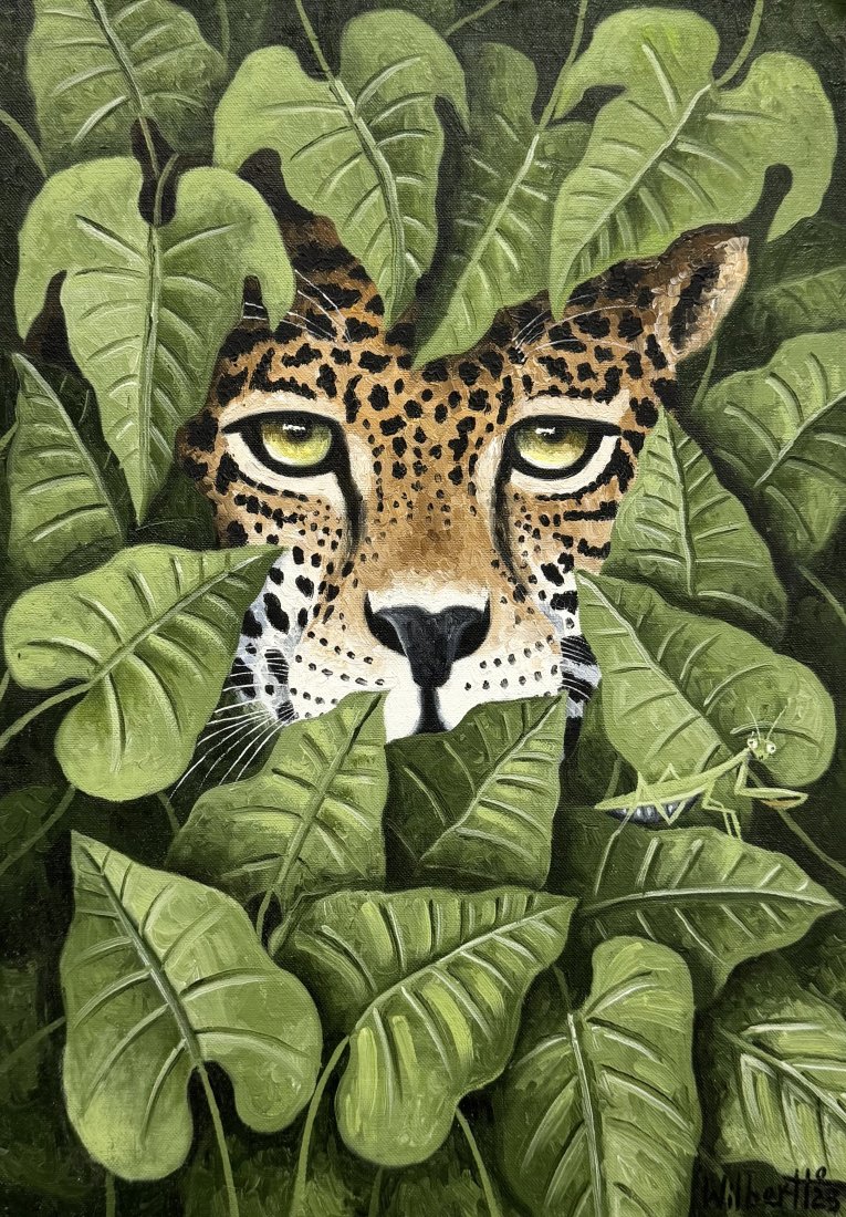 WILBER HERERRA ORTIZ (20th c, Mexico) Merida Artist, Jaguar Mayan Jungle: Oil on board 19.5 x 14 in