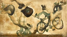 CLEMANCE GREGORY (20th c, American) Surrealist Abstract Nude Musicians Bicycles