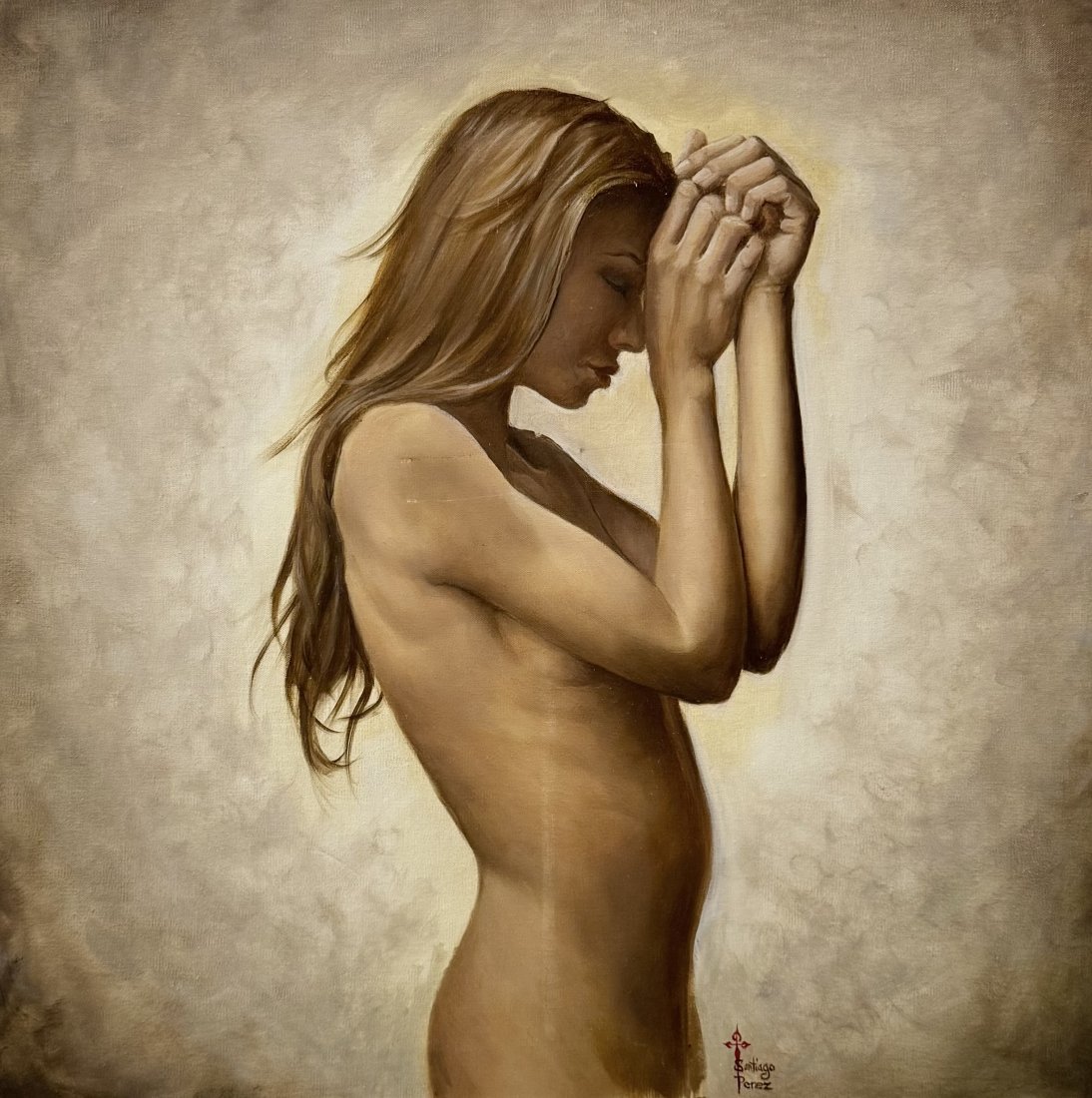 SANTIAGO PEREZ, Nude Woman, Latin American Realism Oil Painting: Oil on canvas 24 x 24 in