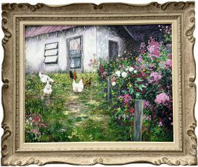 American School Floral Country Landscape Cottage With Chickens, Signed